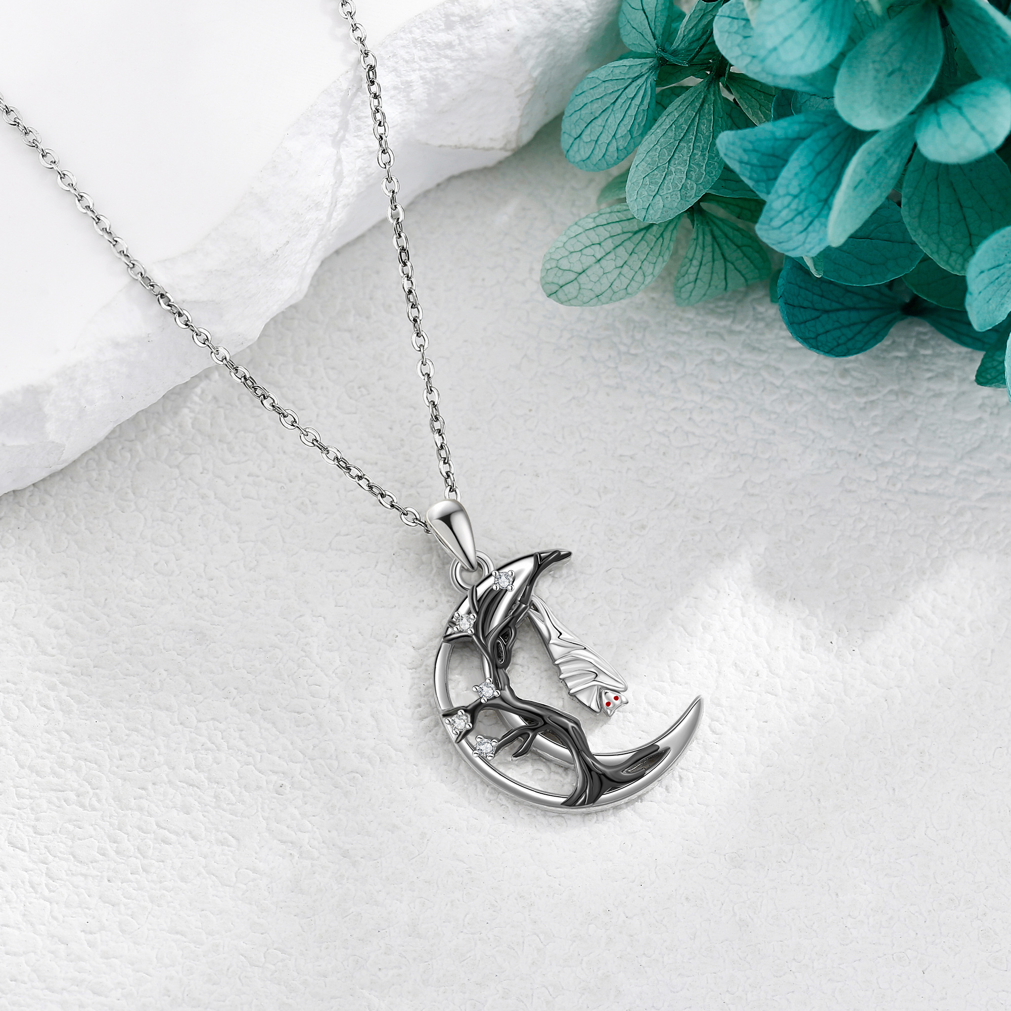 Sterling Silver Bat Moon Pendant Necklace Gothic Halloween Jewelry